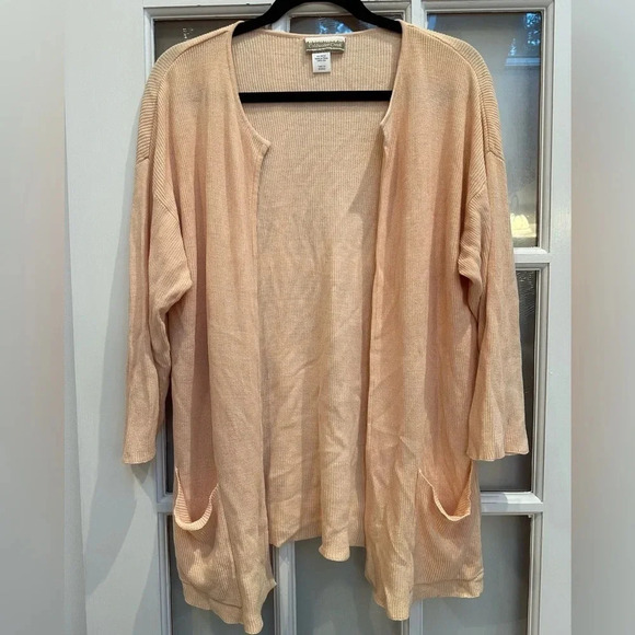Coldwater Creek Coral Peach 100% Silk Knit Ribbed Sweater Cardigan Size Large L - Picture 1 of 9